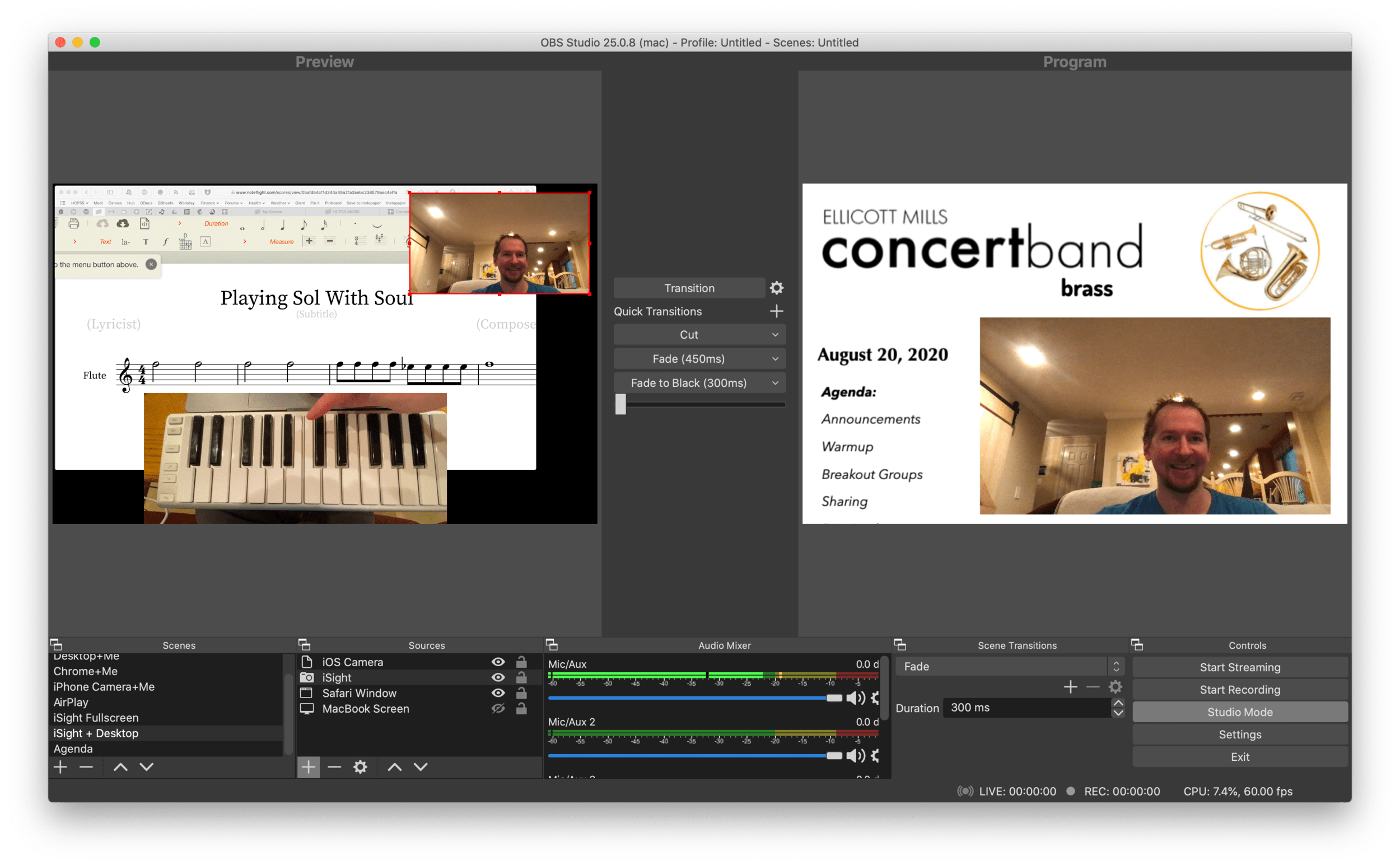 OBS allows me to combine multiple sources into engaging scenes that I can easily transition between. The right video represents the scene that is live for my students to see in Google Meet. The left represents the scene I have queued up to go live w…
