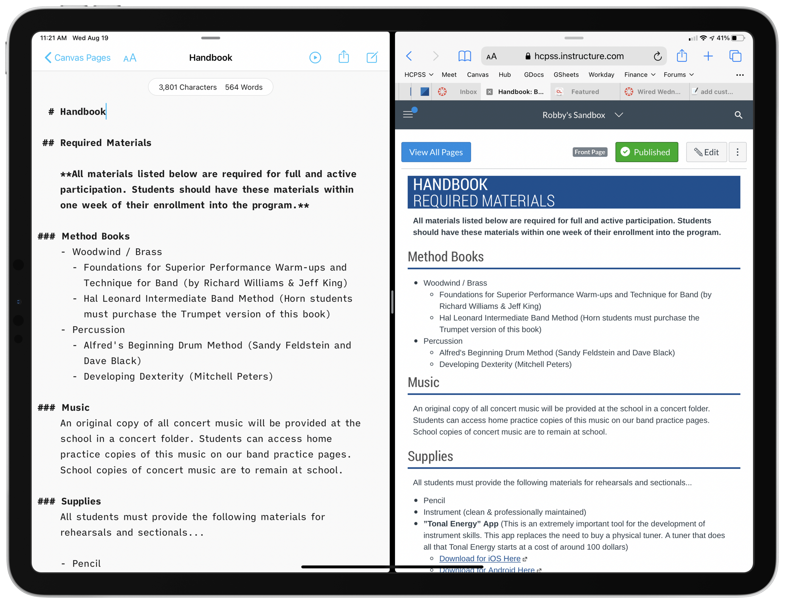 Left: A draft of a Canvas page, written in a text file on my computer. I used the Markdown syntax for headings, lists, and links. Right: What the Canvas page looks like once the text on the left is imported into the course page as HTML.